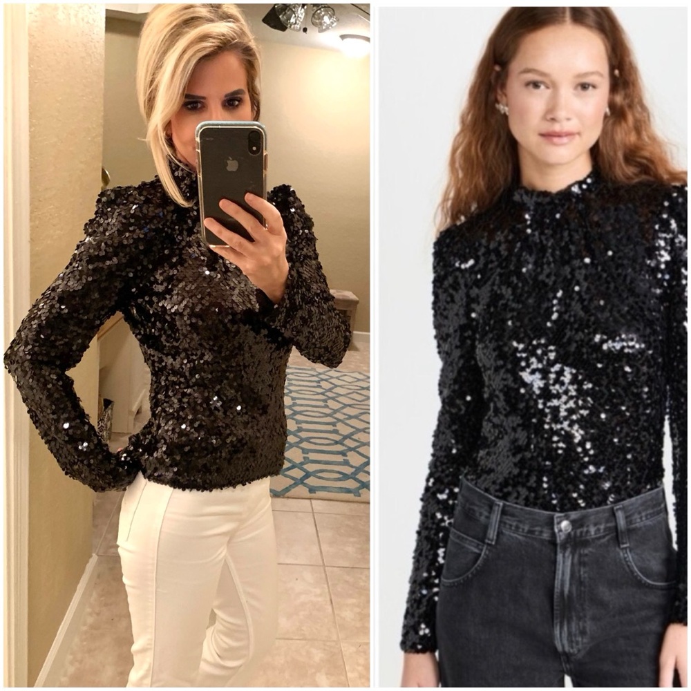 Wayf Black Sequin Puff Sleeve Top